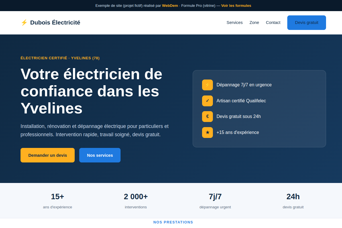 Exemple de site vitrine pour artisan électricien réalisé par WebDem