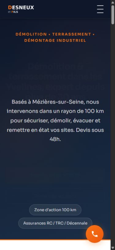 Desneux & Fils | Entreprise de démolition, affichage sur smartphone