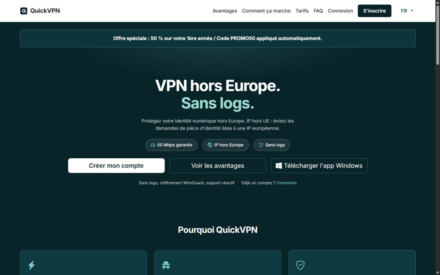 QuickVPN | Service VPN WireGuard hors Europe, affichage sur ordinateur