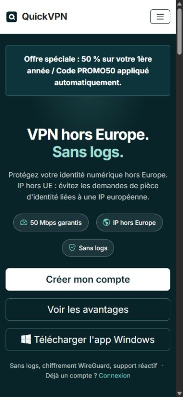 QuickVPN | Service VPN WireGuard hors Europe, affichage sur smartphone
